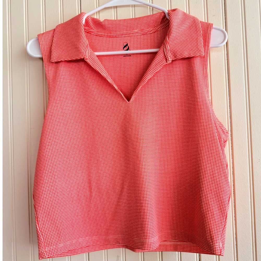 Lou & Grey Red Gingham Sleeveless Polo Top Women's XL Stretch Collared Shelf Bra